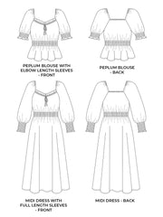 Tilly and the Buttons Mabel dress and blouse sewing pattern technical drawings