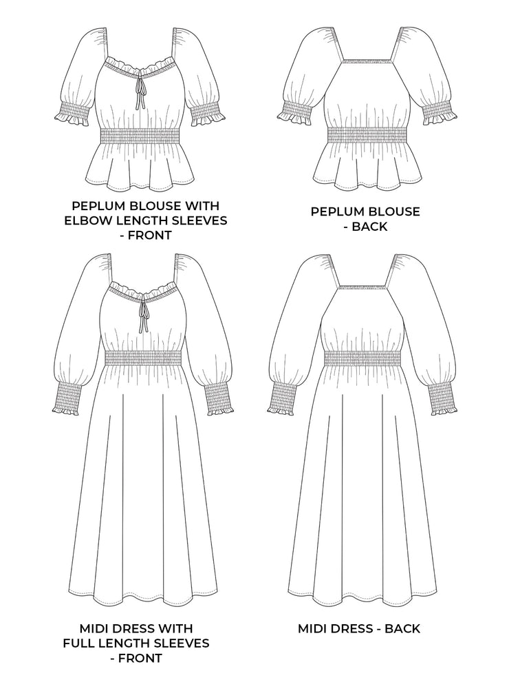 Tilly and the Buttons Mabel dress and blouse sewing pattern technical drawings