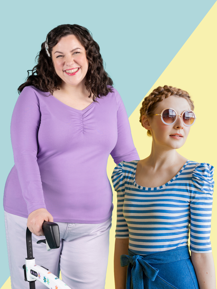 Tilly and the Buttons Agnes jersey top sewing pattern cover featuring two models