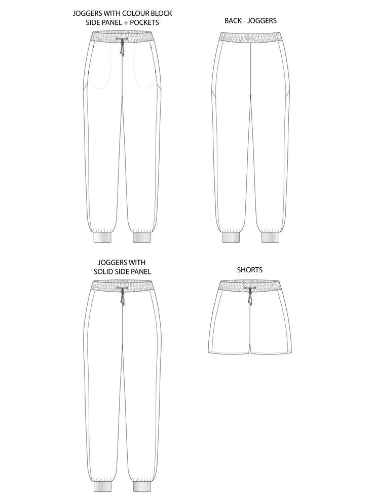 Technical drawing of Cece joggers + shorts sewing pattern with different design variations on a white background.