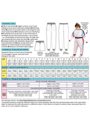 Tilly and the Buttons Cece sewing pattern back cover displaying available sizes, supplies, fabric suggestions, and technical drawings for solid colour side panel, colour block side panel version, and optional pockets. 