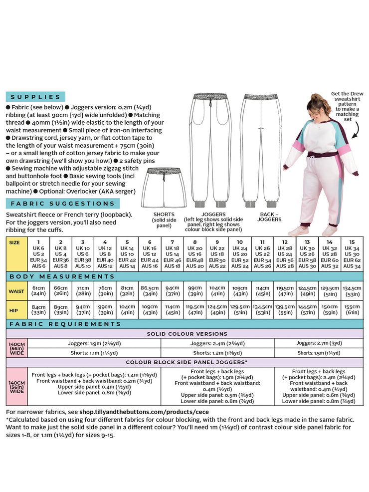 Tilly and the Buttons Cece sewing pattern back cover displaying available sizes, supplies, fabric suggestions, and technical drawings for solid colour side panel, colour block side panel version, and optional pockets. 