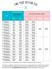 Pattern size chart for pants with body measurements and size recommendations.