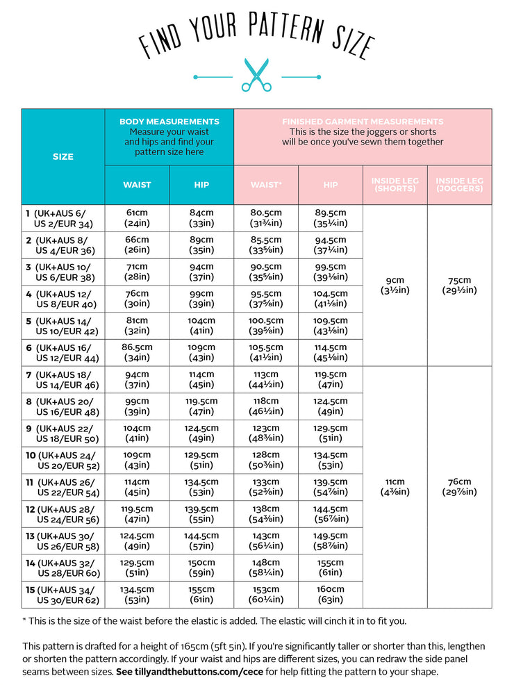 Pattern size chart for pants with body measurements and size recommendations.
