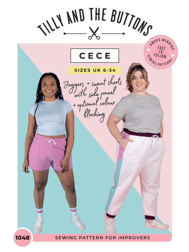 Front cover of the Tilly and the Buttons Cece sewing pattern featuring two models. One is wearing colour-block joggers, and the other is in solid-colour sweat shorts.