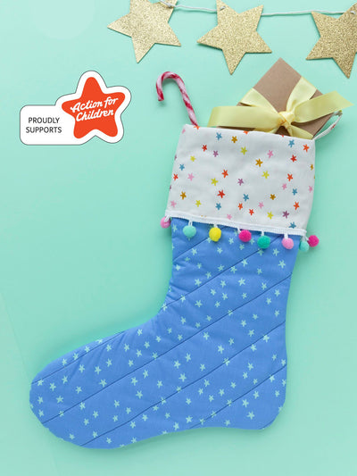 Easy Christmas stocking sewing pattern for beginners with lining, cuff, hanging loop