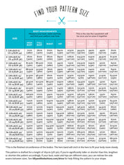 Pattern size chart for a sweatshirt with body measurements and size guide.