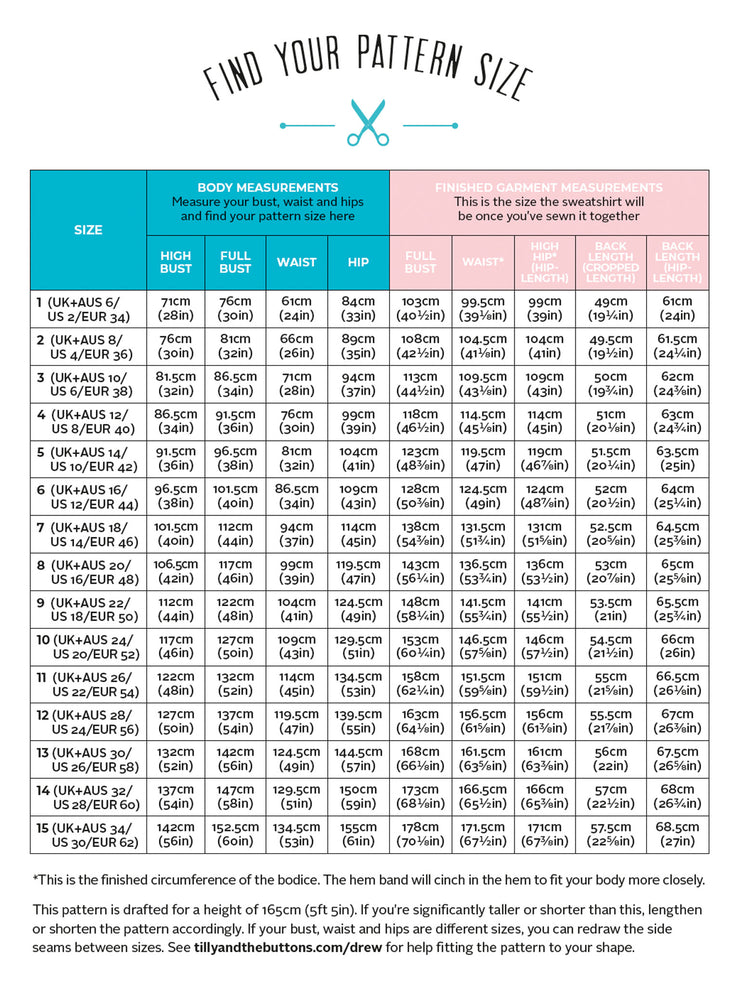 Pattern size chart for a sweatshirt with body measurements and size guide.