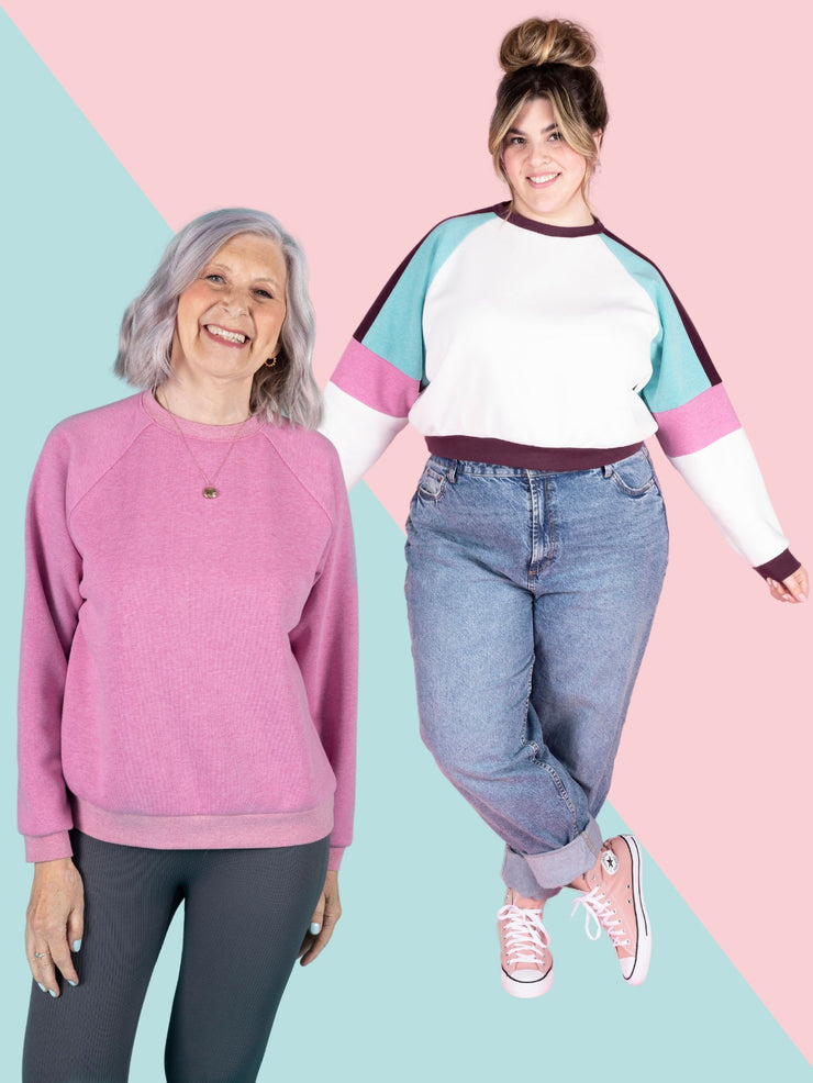 Two models wearing the Tilly and the Buttons raglan sleeve sweatshirt. One model features the colour block version, while the other showcases the solid colour option, highlighting the versatility of this sweatshirt sewing pattern.