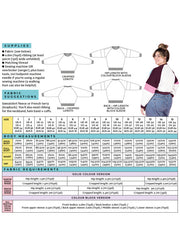 Tilly and the Buttons Drew sewing pattern back cover displaying available sizes, supplies, fabric suggestions, and technical drawings for solid colour, hip-length, cropped, and colour block sleeve options.