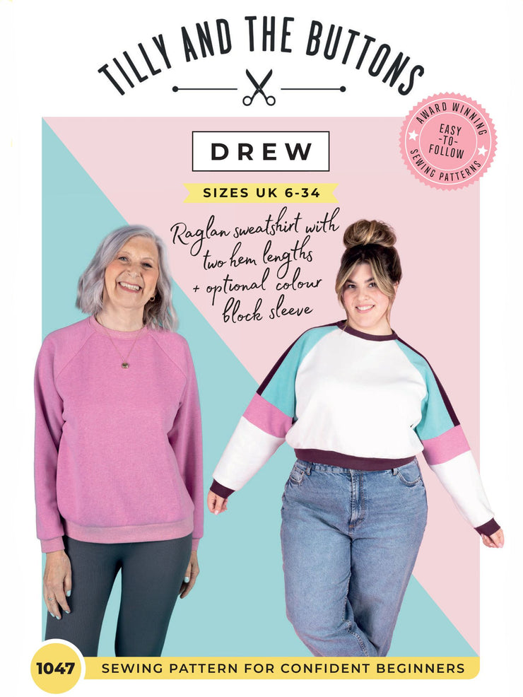 Tilly and the Buttons Drew sewing pattern for a raglan sweatshirt, offering two hem lengths and optional colour block sleeves for a stylish, customisable look.