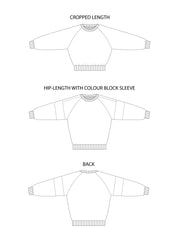 Technical drawings of the Tilly and the Buttons Drew sweatshirt sewing pattern, featuring options for solid colour, colour block, cropped, and hip-length styles.