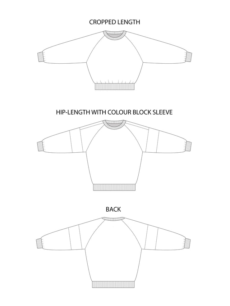 Technical drawings of the Tilly and the Buttons Drew sweatshirt sewing pattern, featuring options for solid colour, colour block, cropped, and hip-length styles.