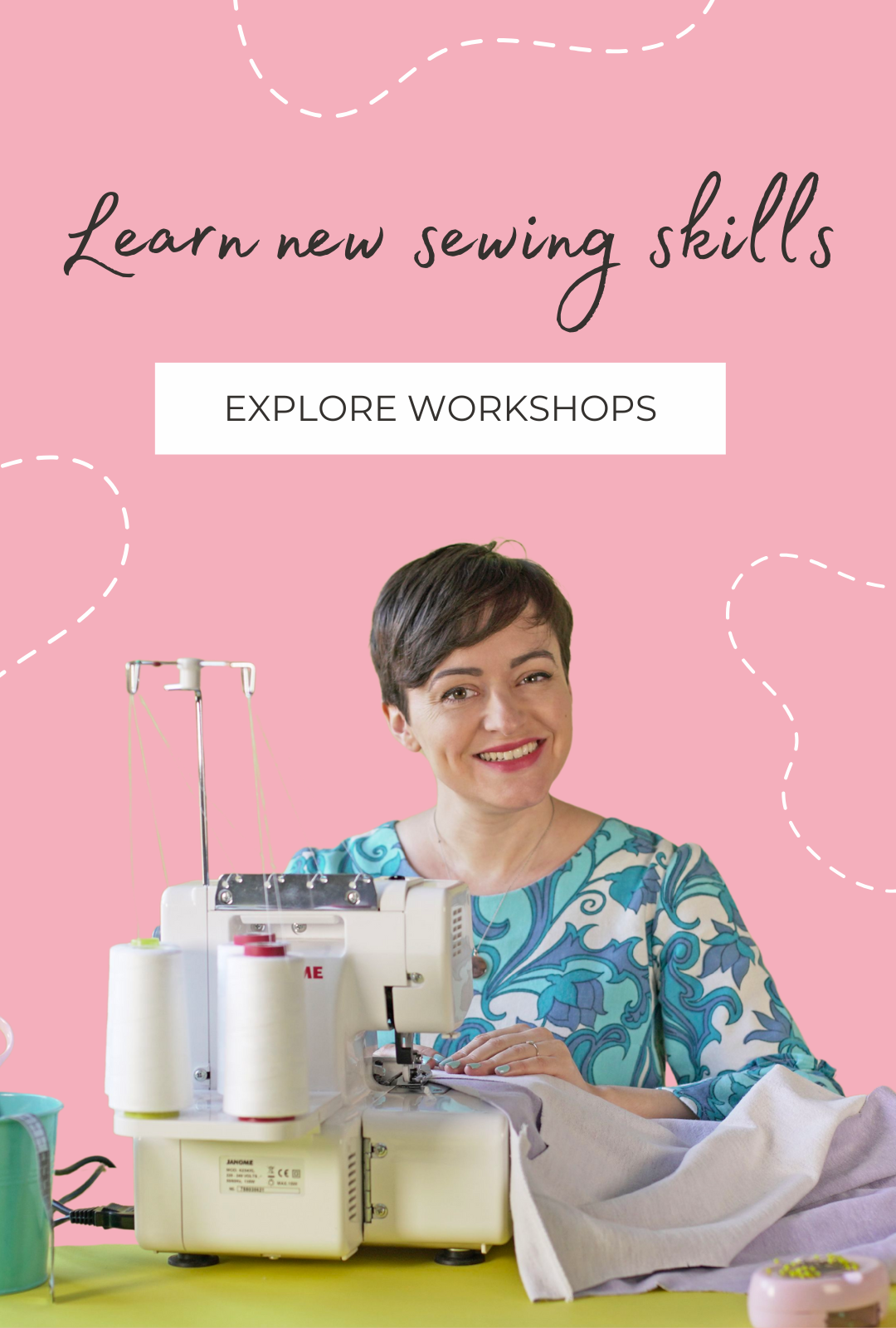 Tilly at an overlocker during an online sewing workshop