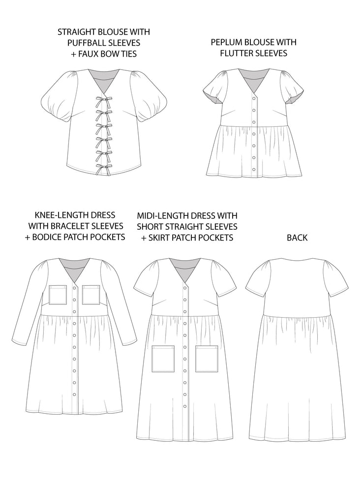 Technical drawings for the Nell sewing pattern: straight blouse, peplum blouse, and knee or midi-length gathered dress with various features and sleeve options. Tilly and the Buttons.