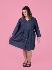 Sewing pattern for a knee-length dress with a button-front. Tilly and the Buttons.