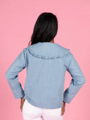 Blue denim Sonny jacket sewing pattern with oversized frill prairie collar