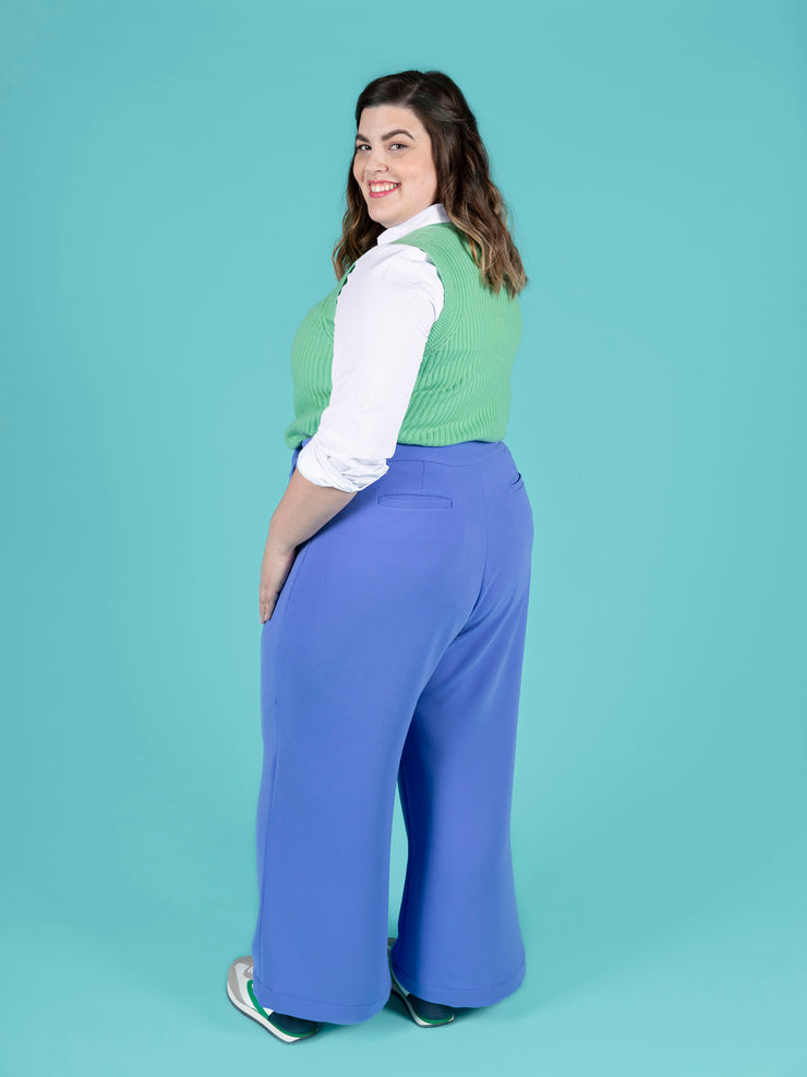 Blue crepe Thea wide leg trousers sewing pattern - Tilly and the Buttons