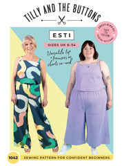 Product packaging of the Esti co-ord sewing pattern by Tilly and the Buttons. The sewing pattern is a versatile top + trousers or shorts co-ord, suitable for confident beginners.
