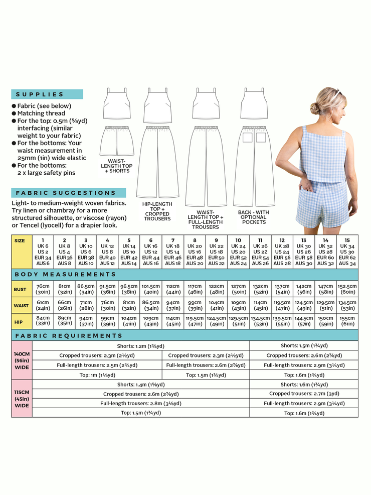 Back of the product packaging of the Esti co-ord sewing pattern by Tilly and the Buttons. The packaging shows product information including supplies, fabric and measurements.