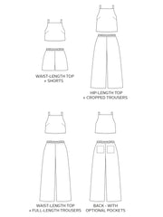 Technical line drawings for the Esti co-ordsewing pattern, showing style lines for each of the different variations.