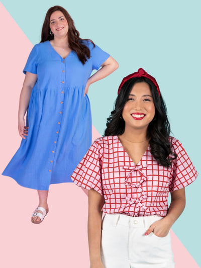 Sewing pattern for a button-front dress with short straight sleeves and a faux-bow tie blouse with puffball sleeves. Tilly and the Buttons.