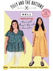 Cover of the Nell sewing pattern by Tilly and the Buttons, featuring a button-front dress with short straight sleeves and a button-front peplum blouse with flutter sleeves.