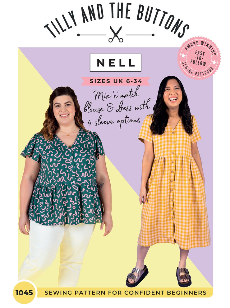 Cover of the Nell sewing pattern by Tilly and the Buttons, featuring a button-front dress with short straight sleeves and a button-front peplum blouse with flutter sleeves.