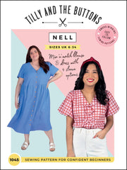 Sewing pattern cover for the Nell blouse and dress with two models wearing the garment.