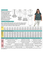 Back cover of the Nell sewing pattern by Tilly and the Buttons, featuring technical drawings, supplies list, fabric suggestions, body measurements, and fabric requirements.