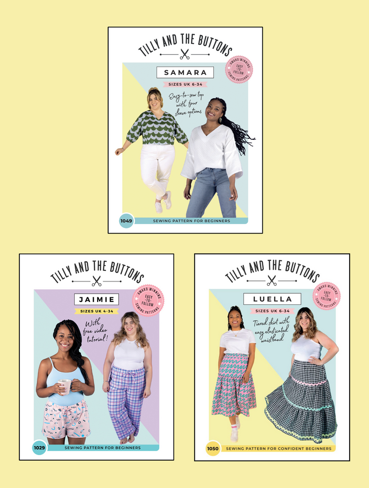 Sewing pattern covers for Samara, Jaimie and Luella by Tilly and the Buttons - the beginners sewing pattern bundle