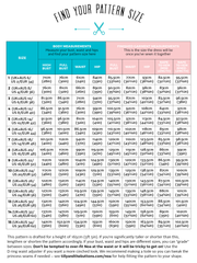 Pattern size chart for the Noa pinafore sewing pattern with body measurements and suggested pattern sizes.