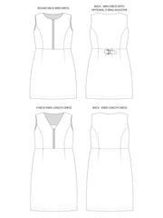 Technical drawing of the Noa pinafore sewing pattern with different neckline and length options on a white background.