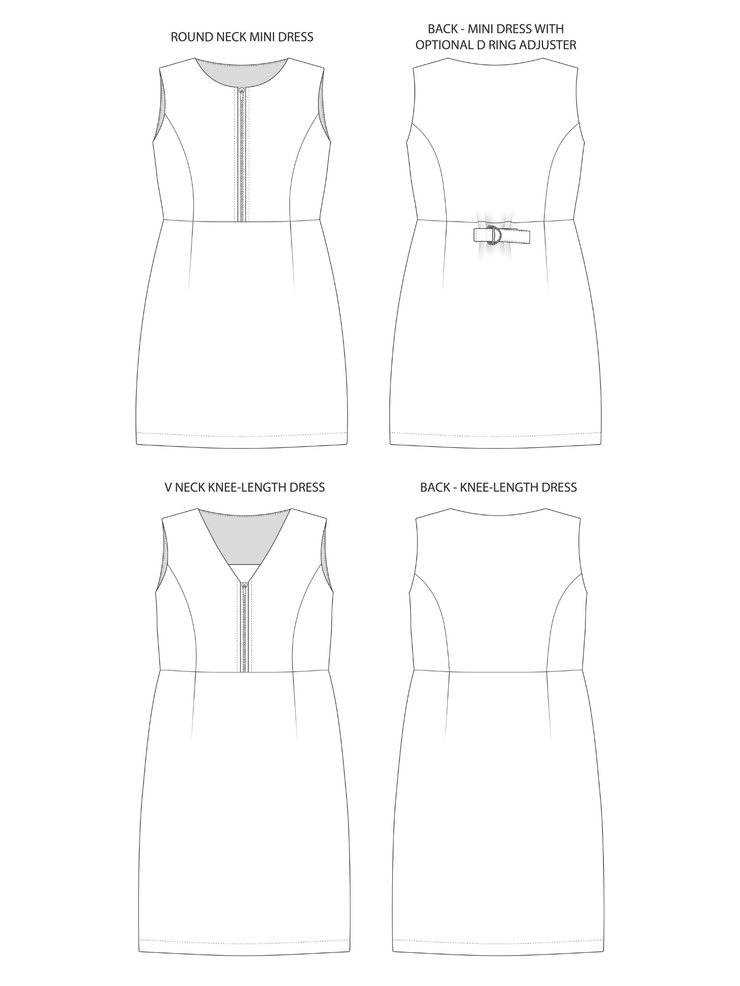 Technical drawing of the Noa pinafore sewing pattern with different neckline and length options on a white background.