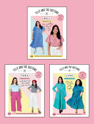 Three sewing pattern covers featuring models wearing Nell, Thea and Lyra