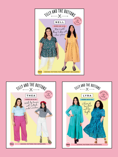 Three sewing pattern covers featuring models wearing Nell, Thea and Lyra