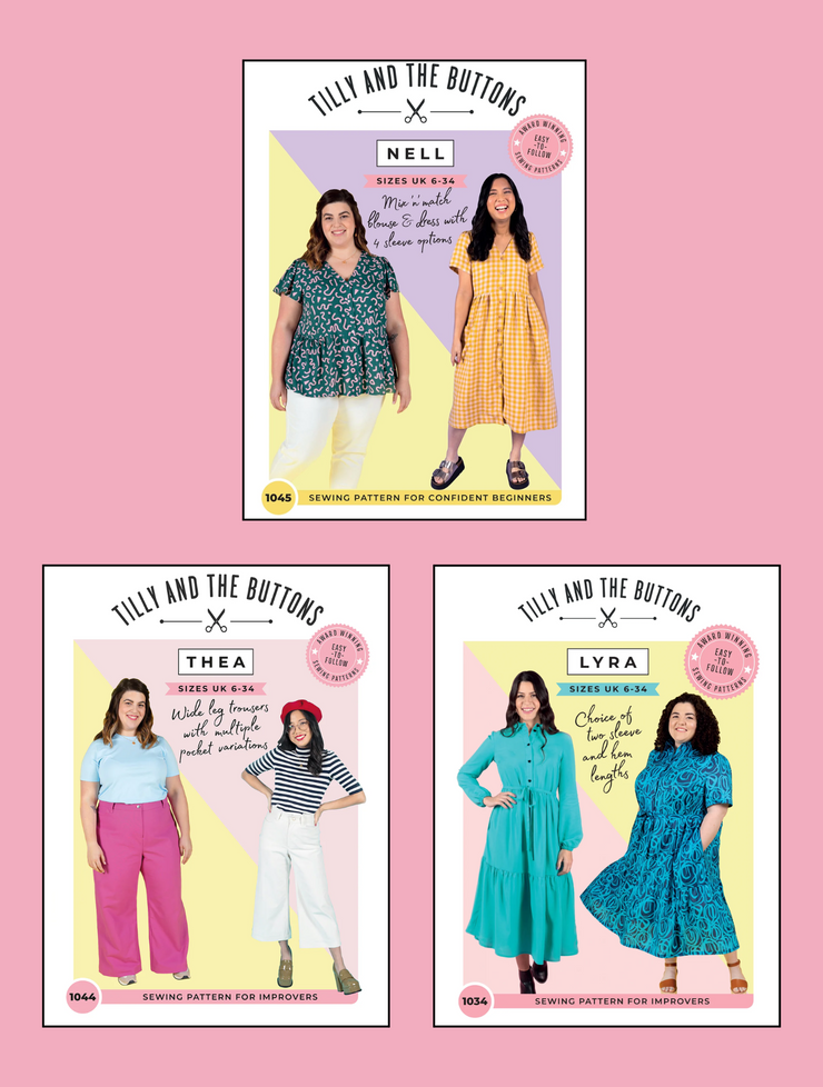 Three sewing pattern covers featuring models wearing Nell, Thea and Lyra