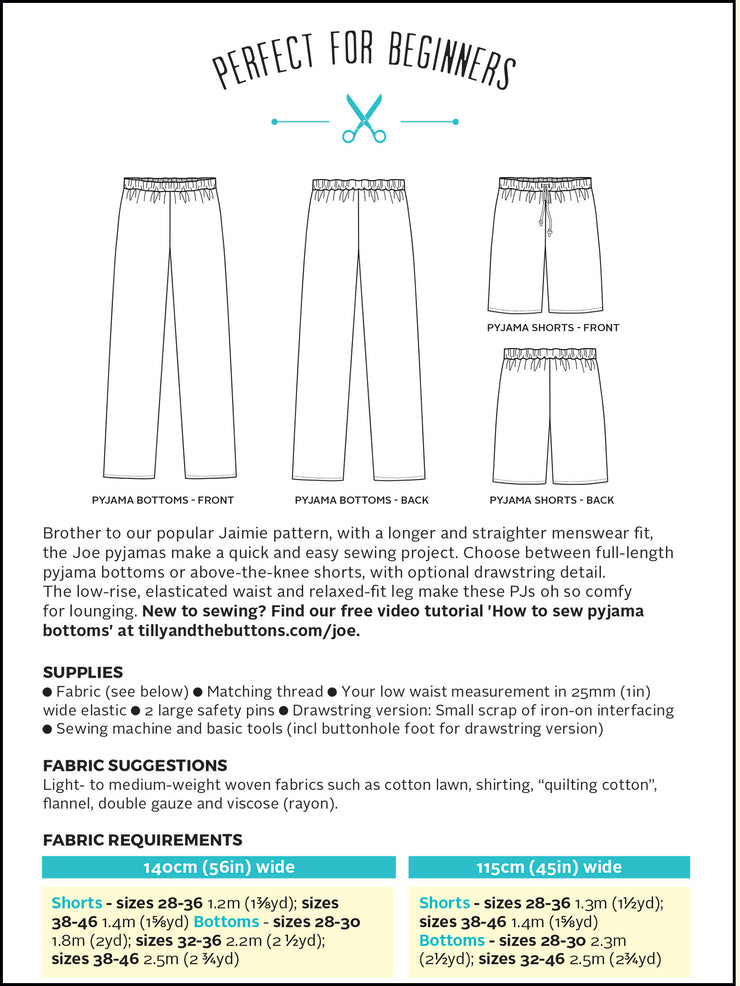 Joe PJ bottoms and shorts digital sewing pattern
