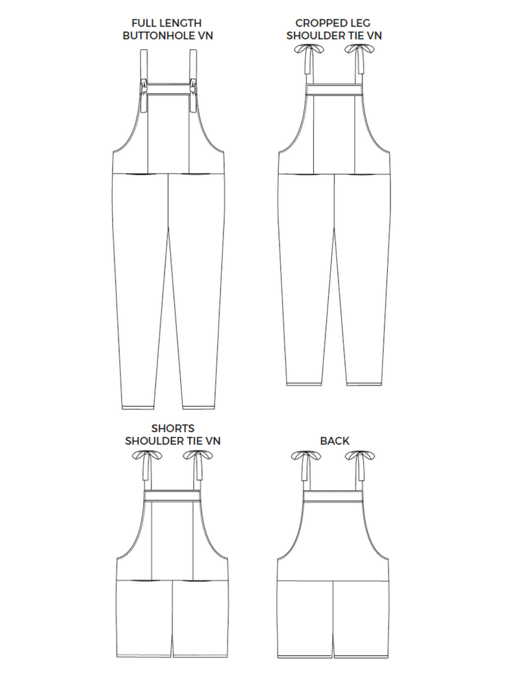 Technical drawings showing the design options for the Erin dungarees or overalls sewing pattern