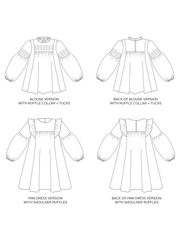 Technical drawing of the Tilly and the Buttons Marnie blouse and mini dress sewing pattern in sizes UK 6-34