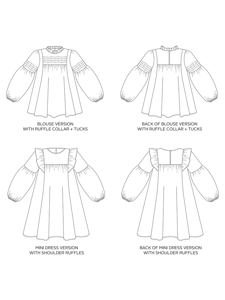 Technical drawing of the Tilly and the Buttons Marnie blouse and mini dress sewing pattern in sizes UK 6-34